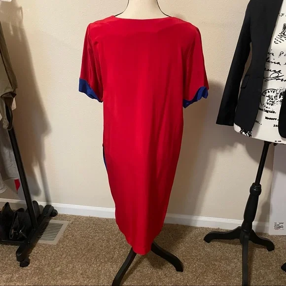 Vintage 80’s Liz Claiborne silk red dress color block sleeves midi front pocket - Picture 8 of 9